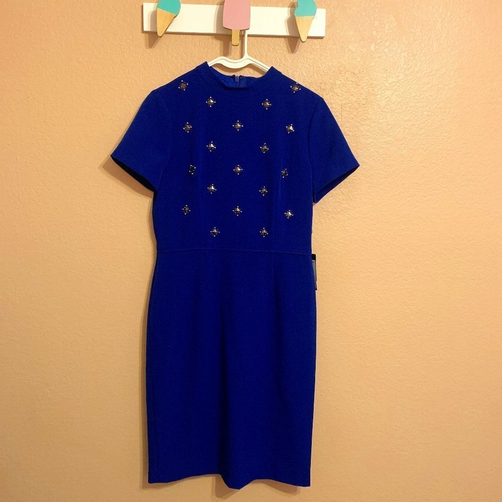 Adrianna Papell Electric Blue Embellished Shift Dress, Size 8, NWT